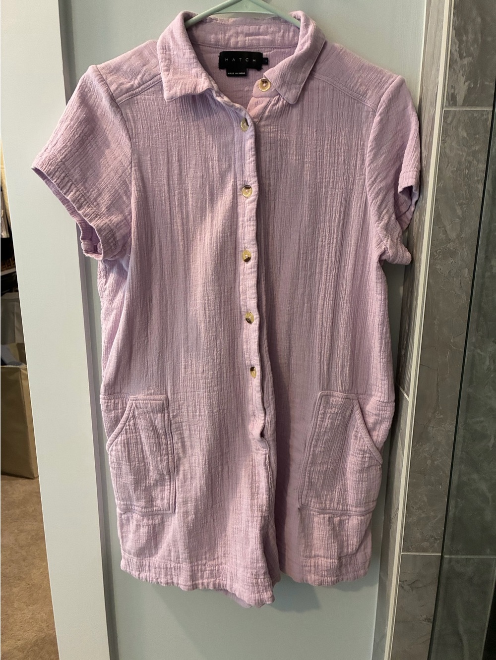 Hatch maternity lilac Lenora romper 1 small gauze button down